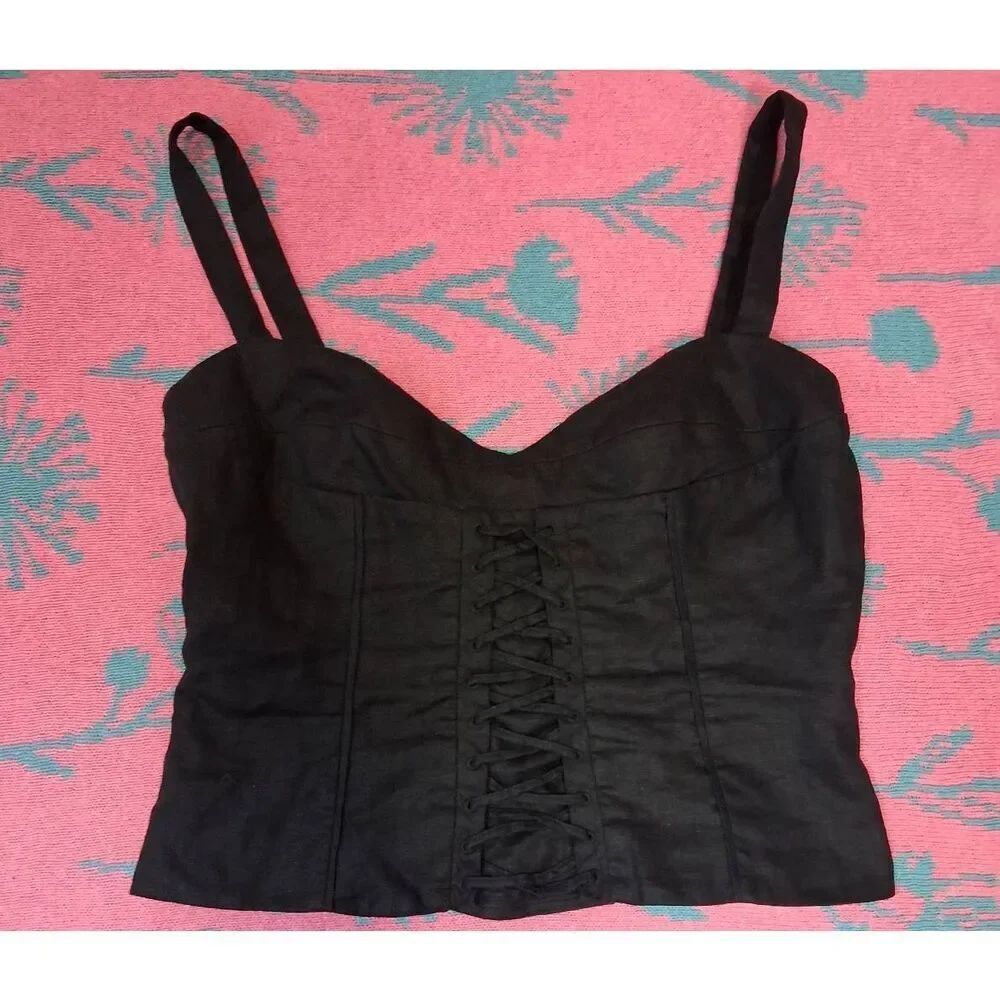 Reformation womens size 10 square neck black top 100% linen boxy cropped